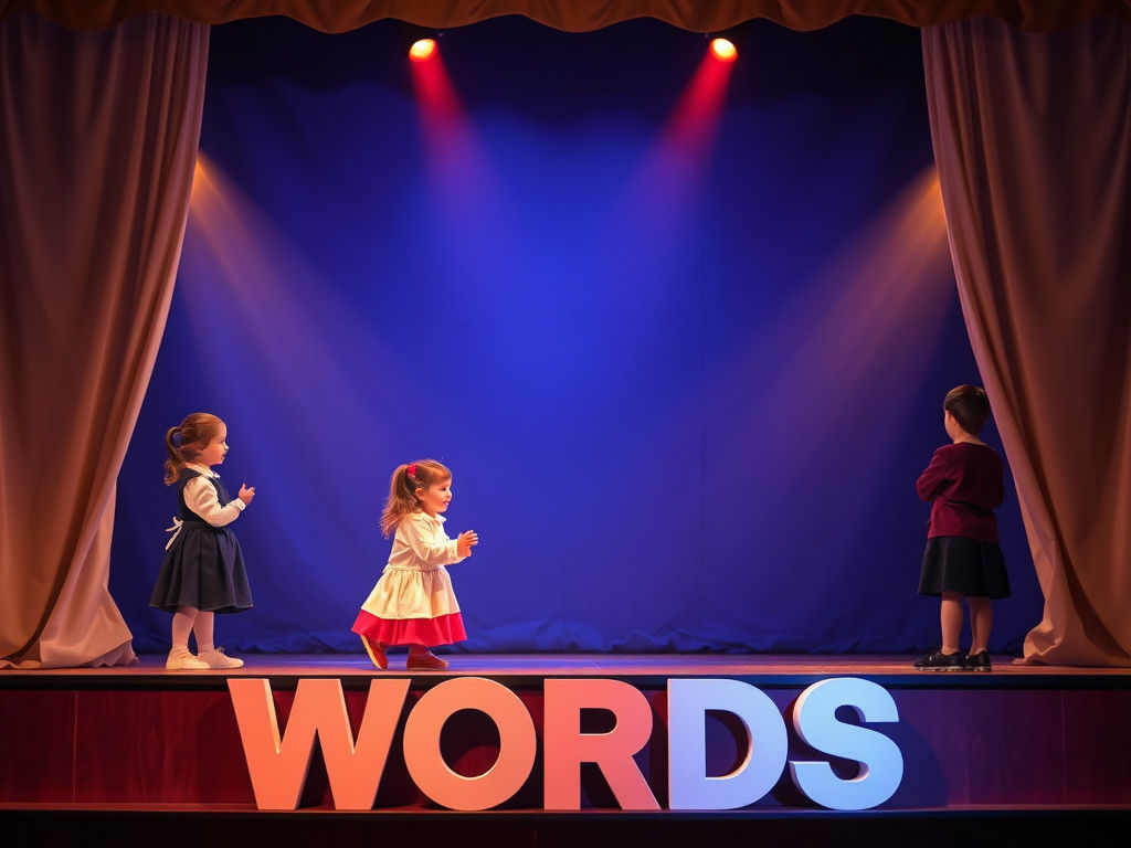 A nativy play by school children, on a stage, the front of the stage has in a large font the word "WORDS" 