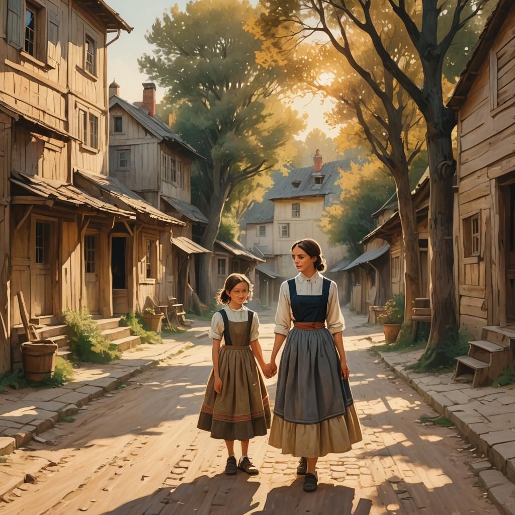 Nostalgic Shtetl Illustration with Impressionist Brushstroke...