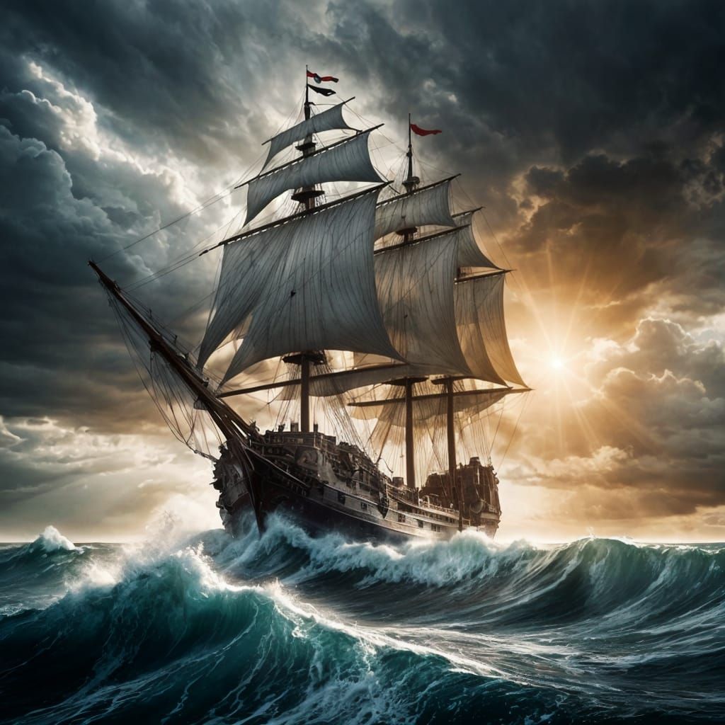 Majestic Galleon Battles Stormy Seas Under Dramatic Sunlight