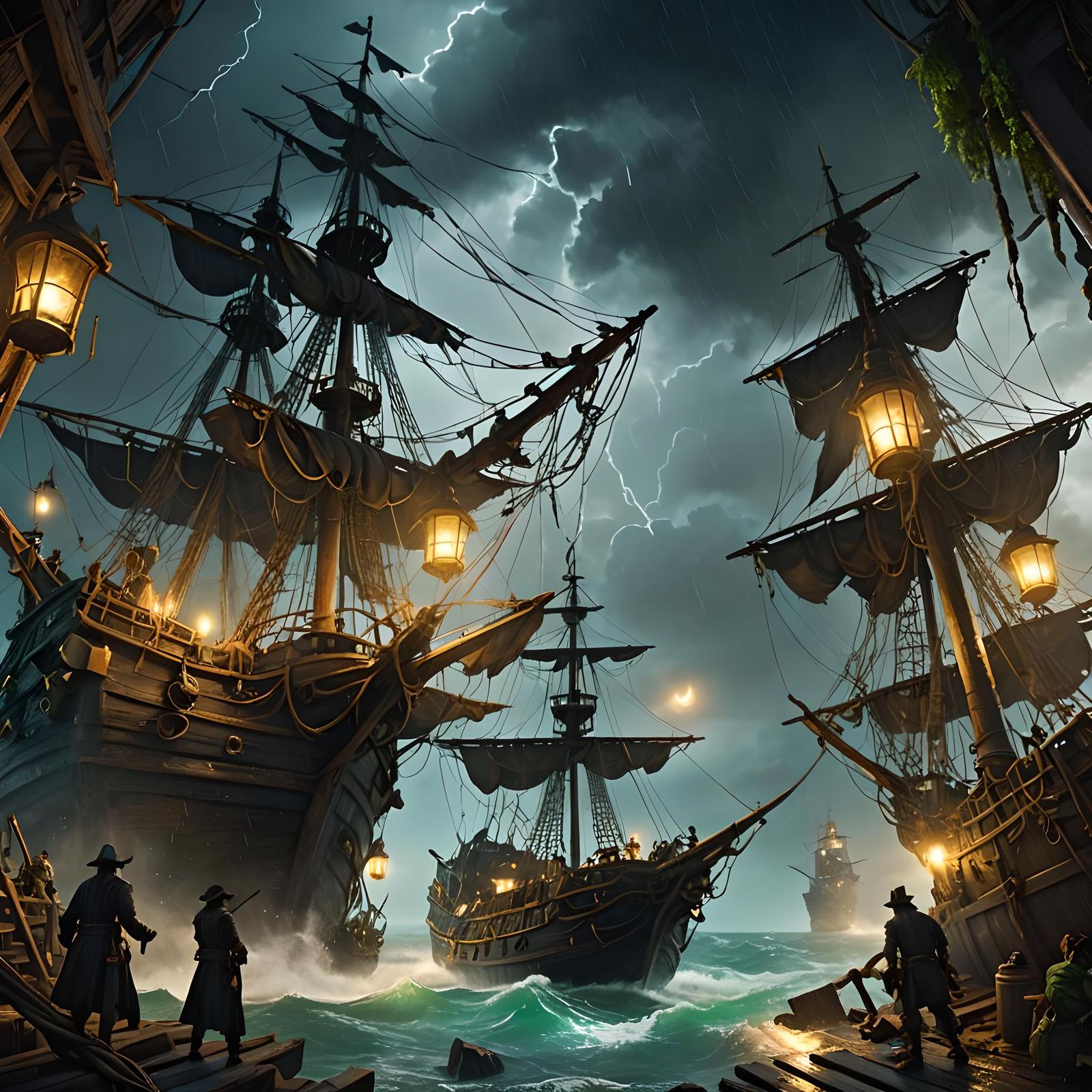 The pirates, soaked to the bone, frantically worked to keep ...