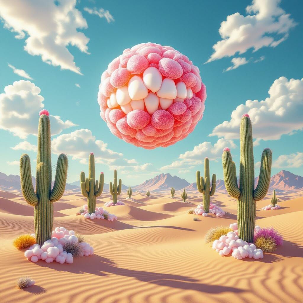 A surreal desert landscape where the dunes are made of granulated sugar and the cacti are giant rock candy formations. A giant, translucent ...
