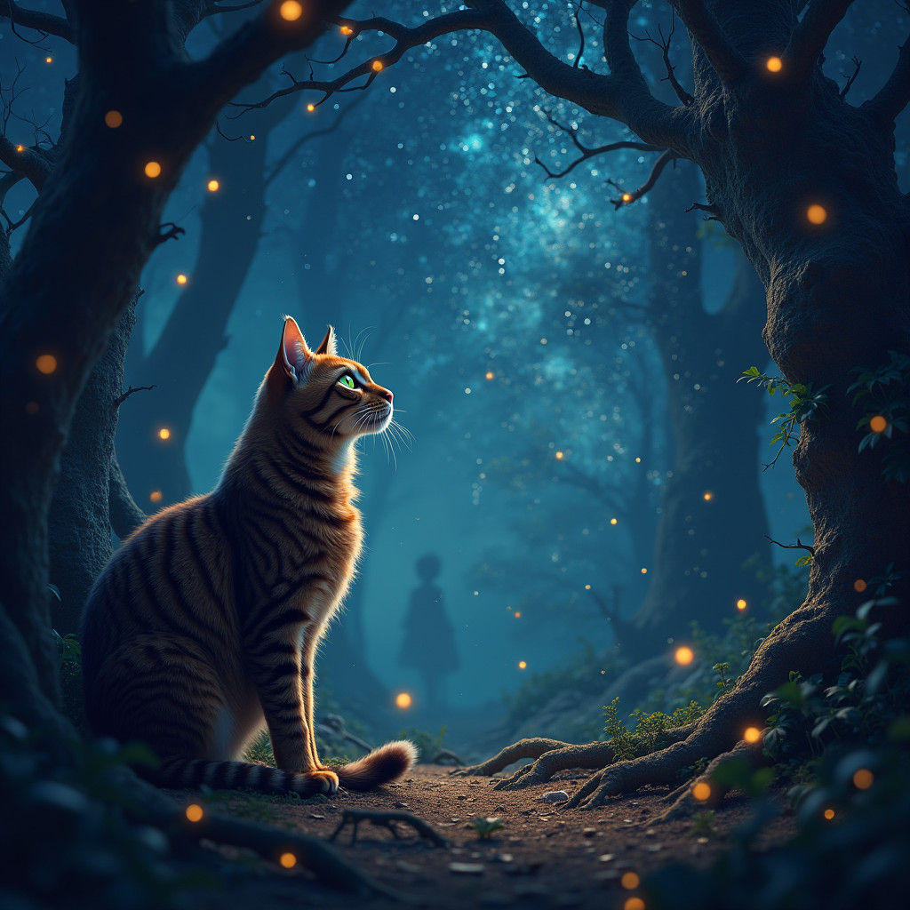 Majestic Cat Gazing at Starry Sky in Enchanted Forest
