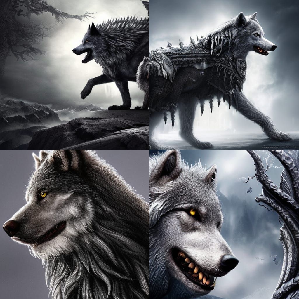 Silver and black dire wolf Epic cinematic brilliant stunning intricate
