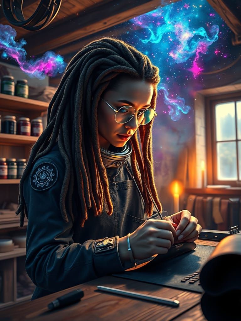 A digital painting of a cosmonaut with long dreadlocks, floating weightlessly through a nebula filled with swirling cosmic dust and vibrant,...