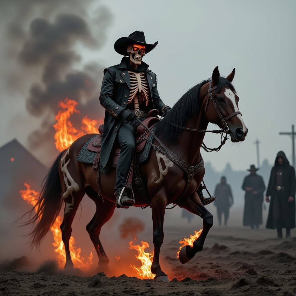 A cowboy,whose face is half skeleton and burning, on a half skeleton horse,covered with fire,burning dark red holding a grim reaper tool,on ...