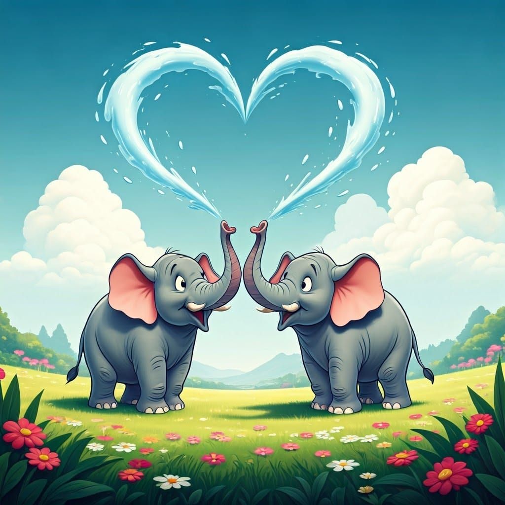 Cartoon elephants spraying water in the shape of a heart  by @Kallistratia