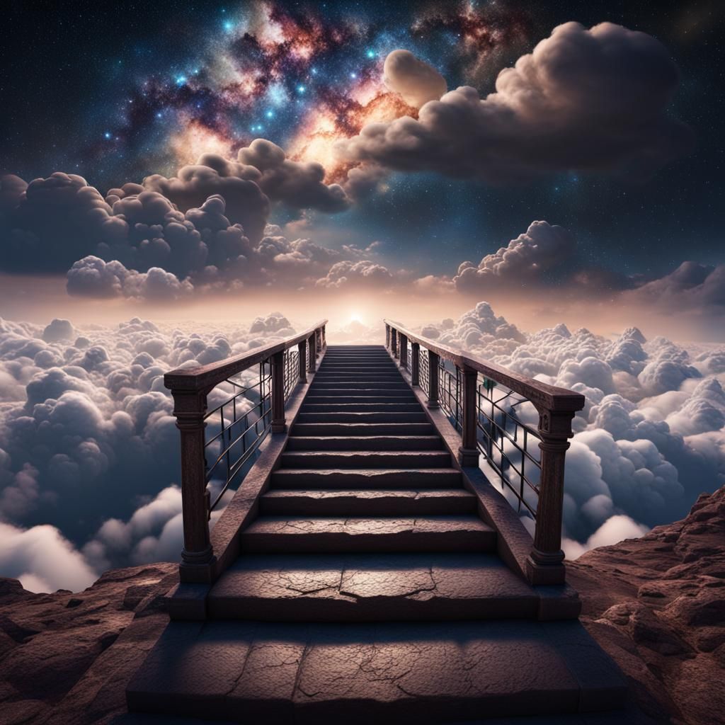 Stairs to clouds, milky way background, stars, cinematic unr...