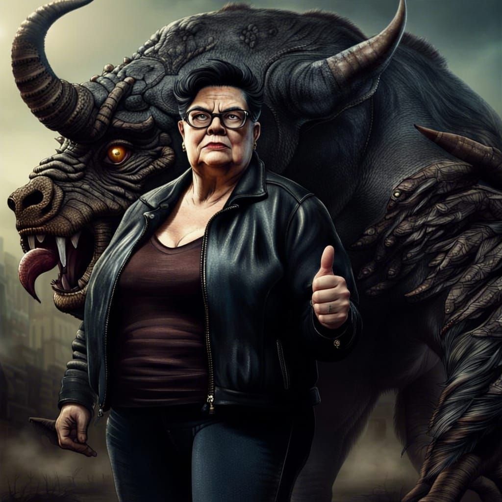 Fierce Woman and Minotaur in Detailed Matte Painting