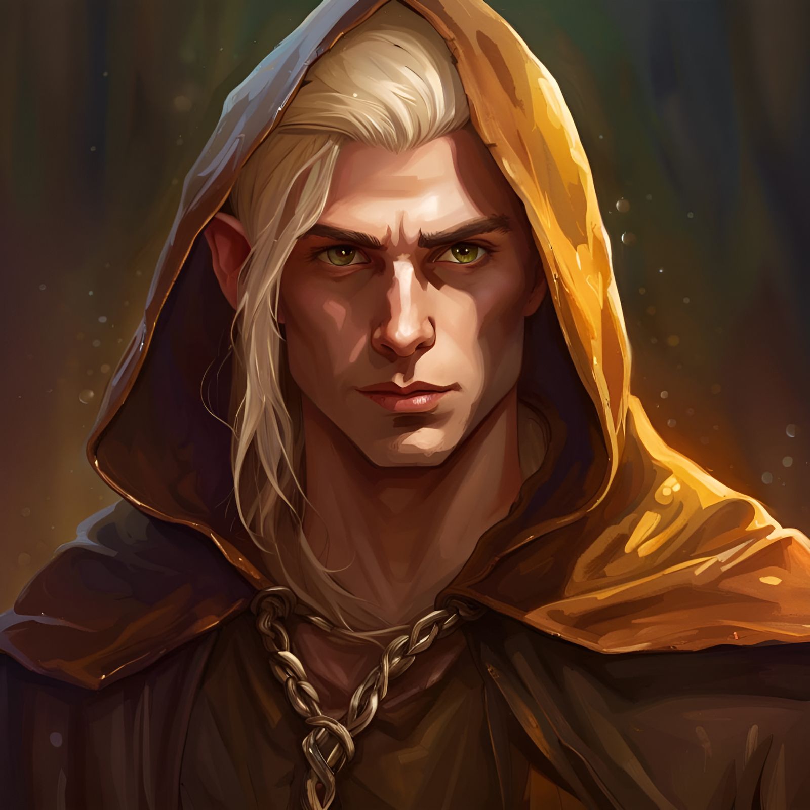 hooded blonde clean shaven male elf with amber eyes in brown cloak and ...