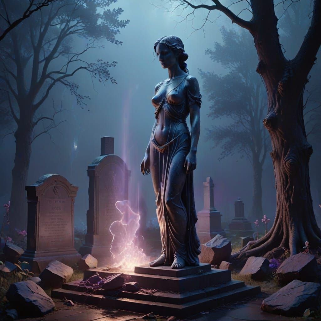 Recoding two black-and-white images: a classical female church statue and a memorial plaque, into a surreal, dreamlike cyberpunk composition...