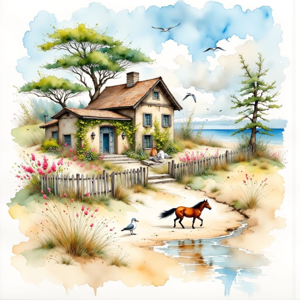 Watercolor Cottage on Beach with Fox Writer