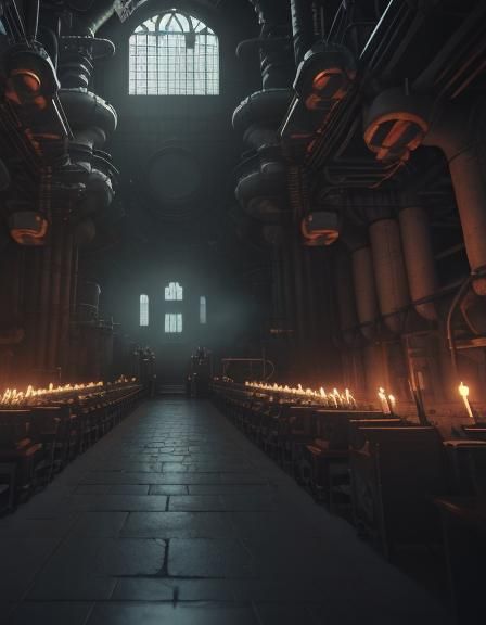 Medieval monks maintain a nuclear reactor. Gothic, medieval hall of the temple. Gothic. Close-up of a large machine in a...