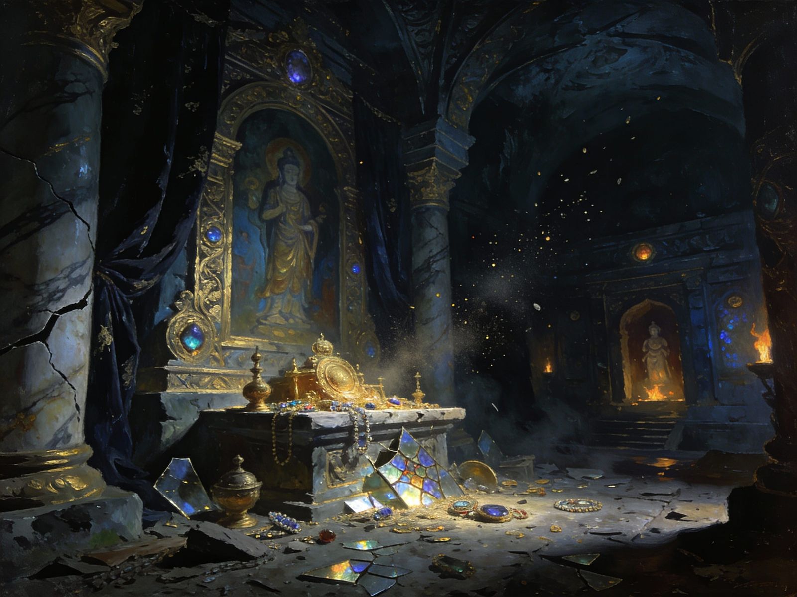 Ancient Temple Portrait of Gold Relics in Oil Paint