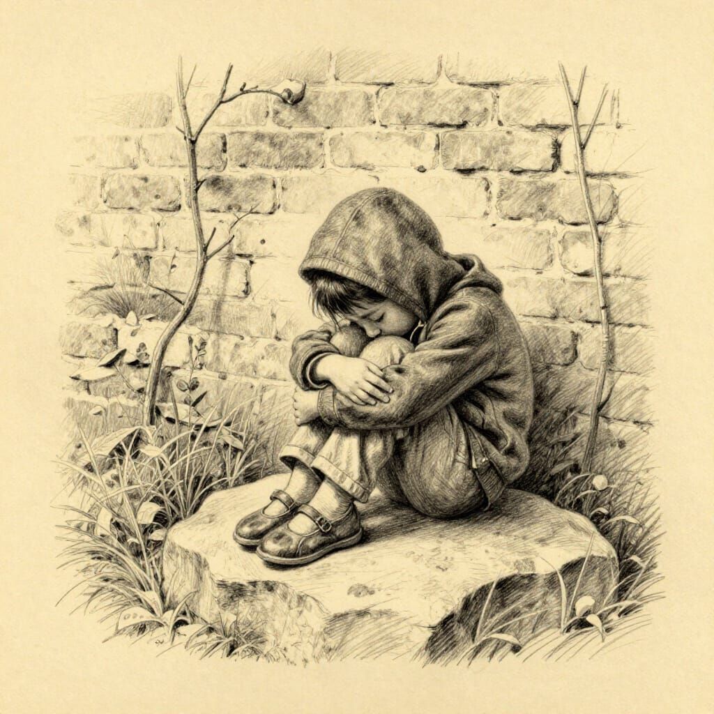 Vintage Pencil Drawing of Lonely Child on Stone