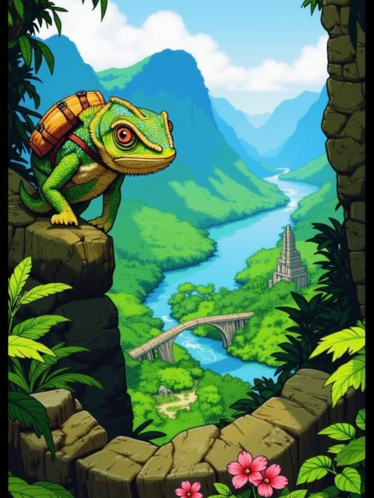 <lora:Jungle Adventure:1.0> close up chameleon climbs on a ancient crumbled ruin wall on a mountain cliff, river, djungle, lake and ruins  i...