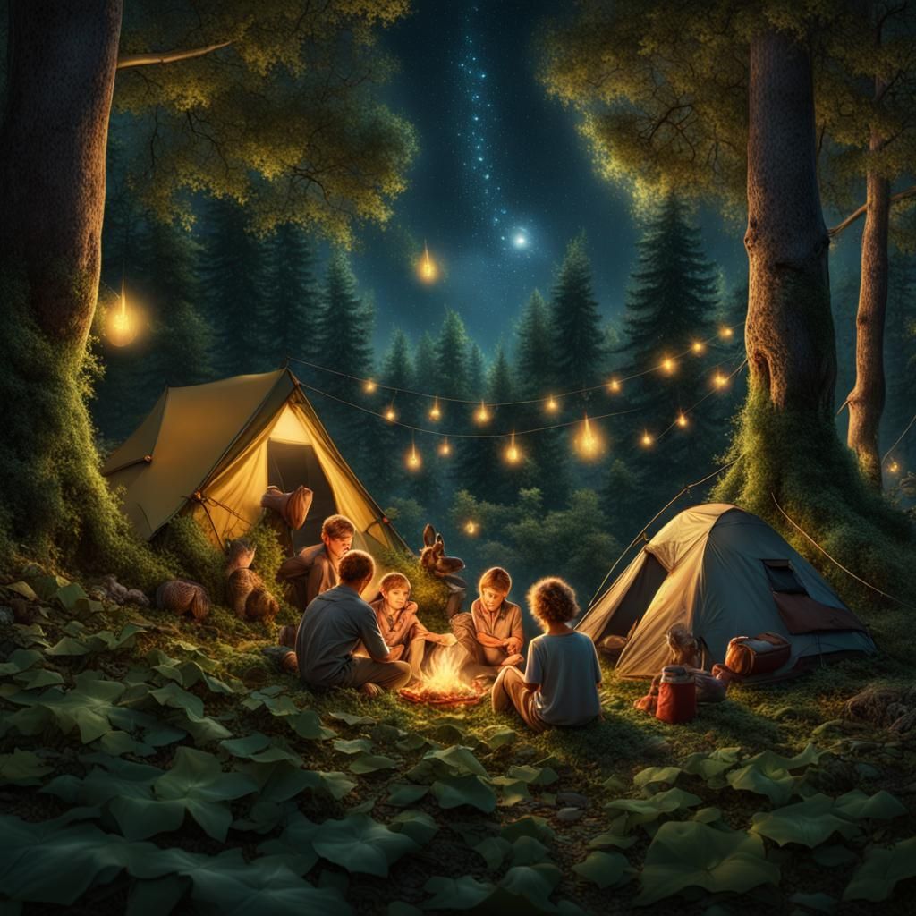 Camping in Forest with Fireflies: 1940s Matte Painting