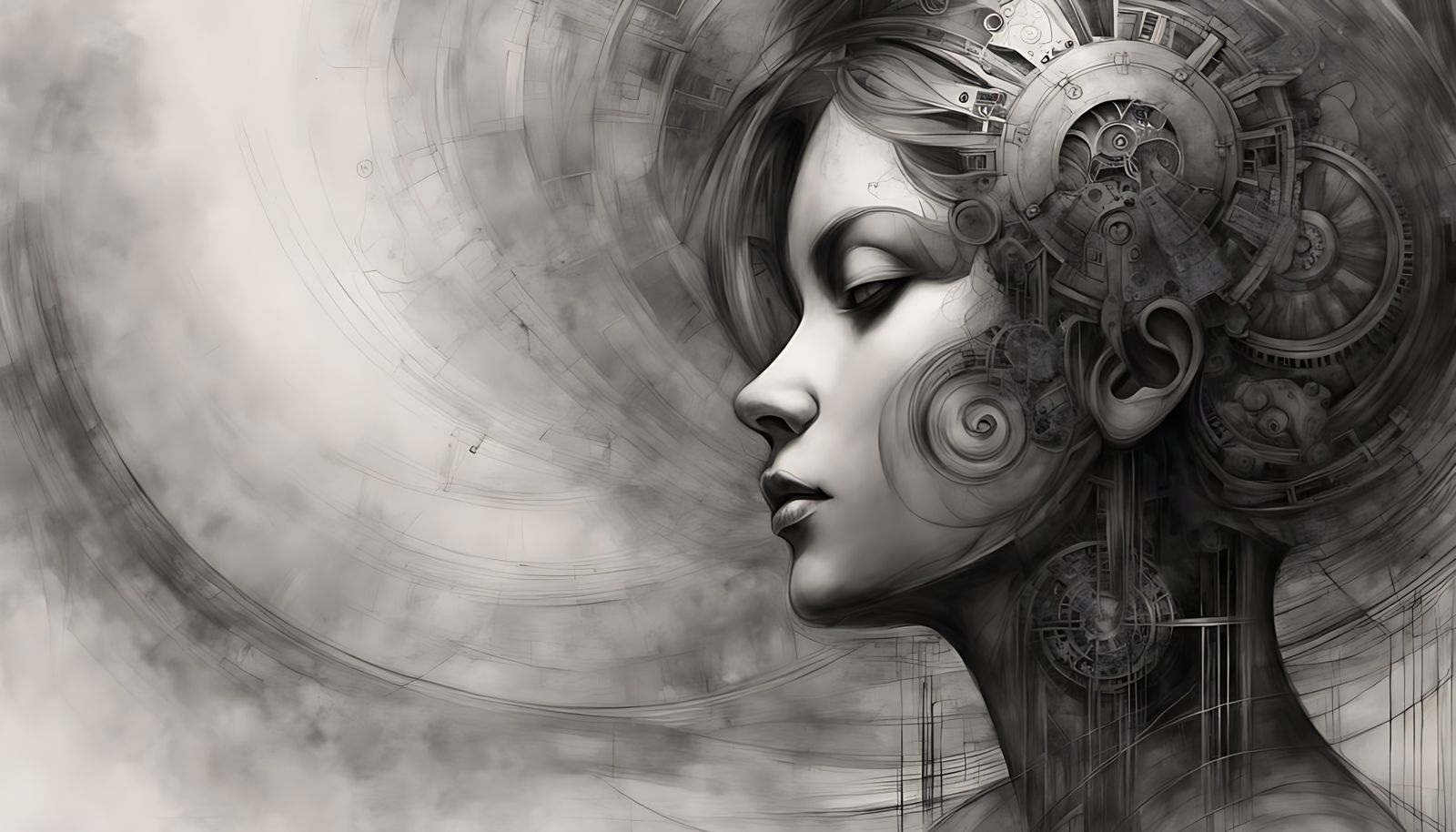 A conceptual sketch representing the intelligence of a clockwork mind done in charcoal and ink . . .  by @Brooky
