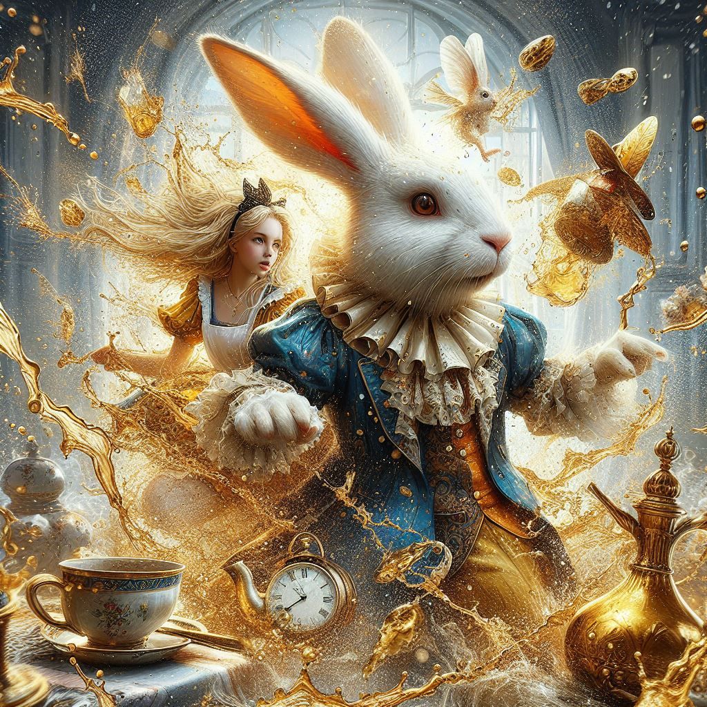 Thw white Rabbit with Alice surrounded by gold splashes