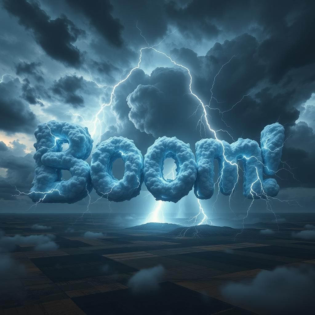 A thunderstorm rolls over a vast, open landscape, and the word "Boom!" is formed from the jagged, electrifying ...  by @Ycw