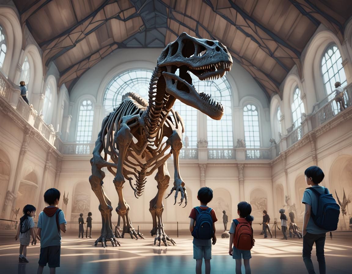 children in a Museum looking at a towering dinosaur skeleton  by @AMofOz