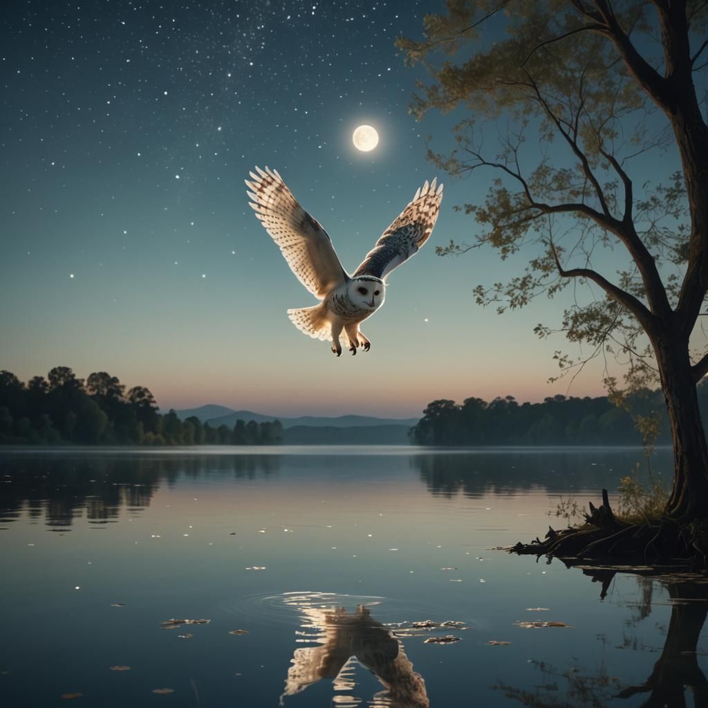 White Owl Gliding Over Lake Under Starry Sky