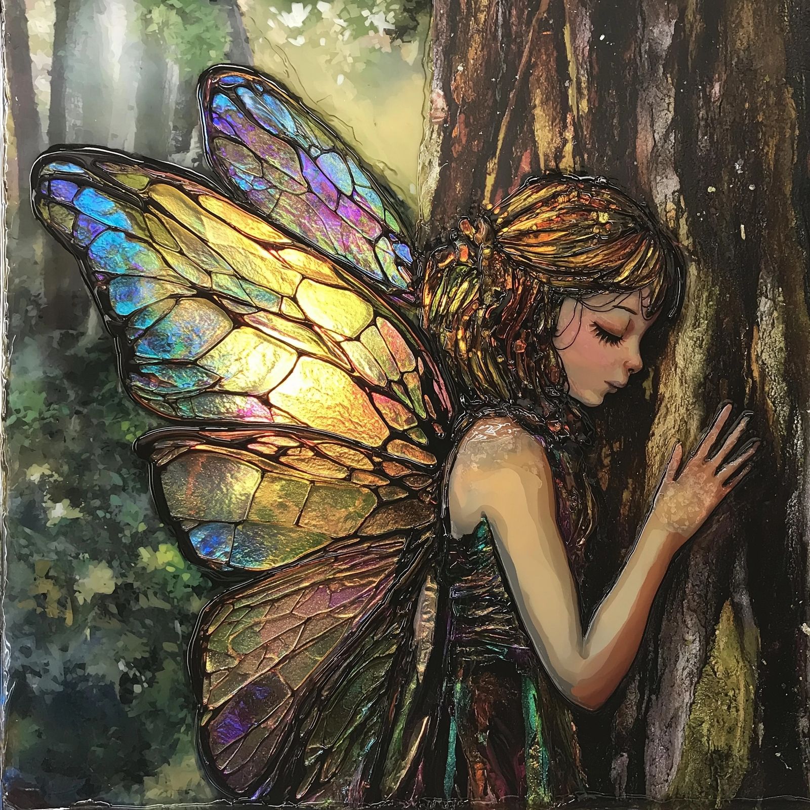 Forest fairy caring for a tree