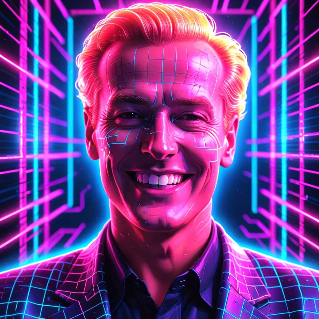 Tv Icon MAX HEADROOM in his cyber grid space...smiling. Under his image it should read, "MAX HEADROOM IS RAD"