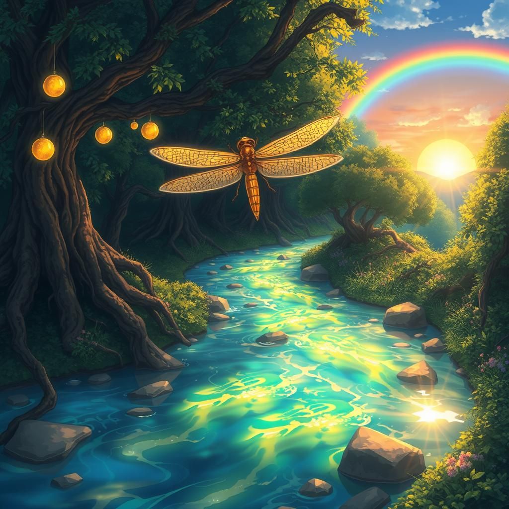 Golden dragonfly and river