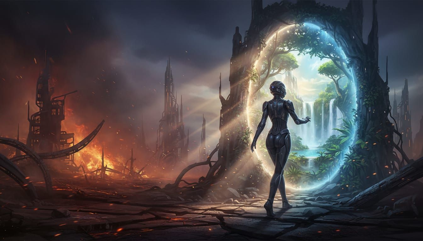 Woman Escapes Burning World Through Ethereal Portal