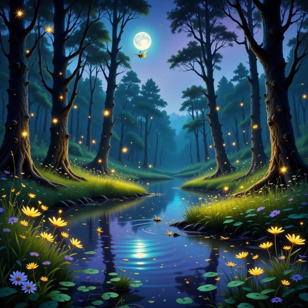 <lora:Fireflies:1.0> A serene summer evening in a lush, secluded forest glade. Above the gently swaying canopy of tall, ancient trees, the s...