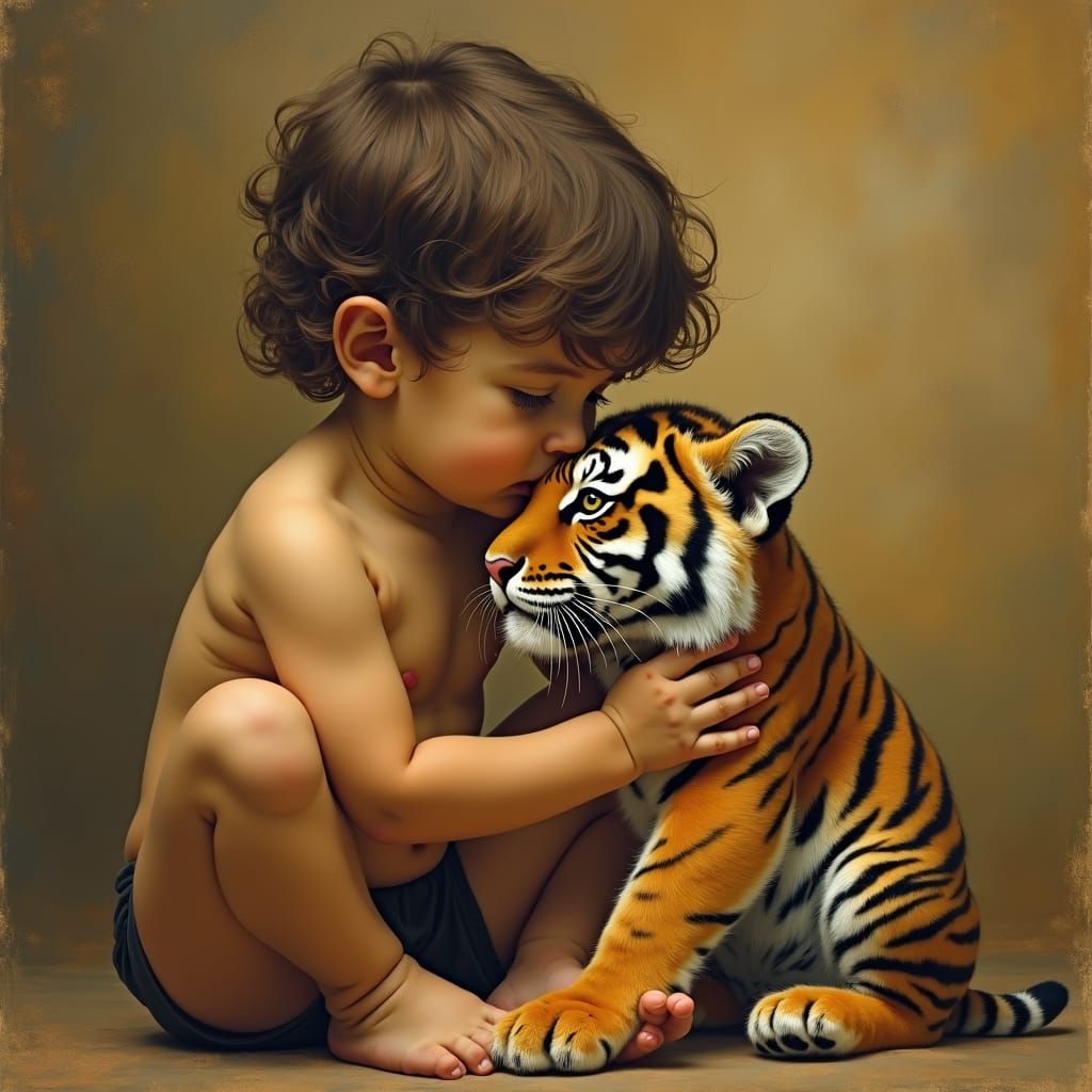 Infant's Tender Kiss: A Classical-Style Tiger Cub Portrait