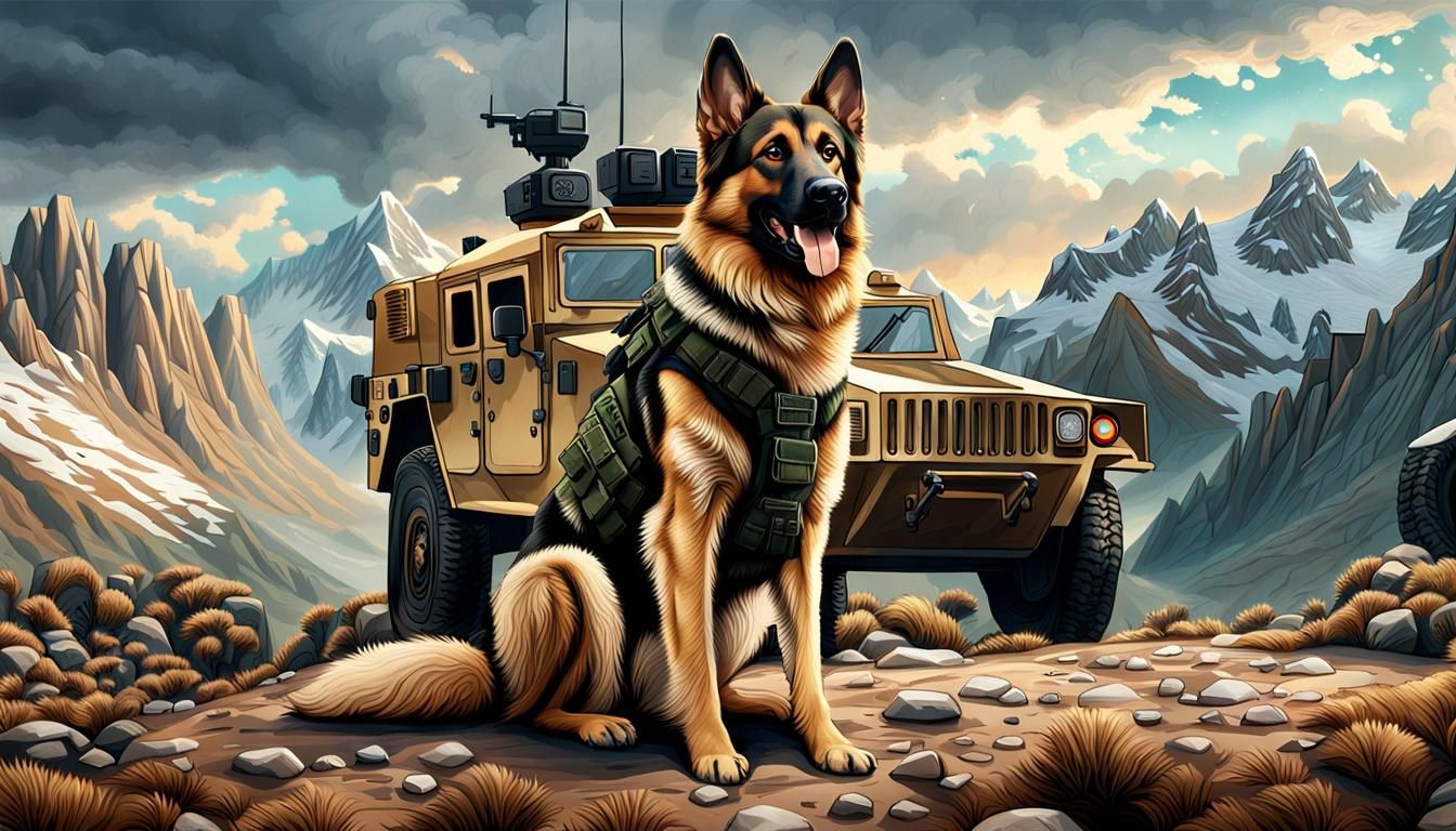 long haired german shepherd wearing a tan tactical vest with...