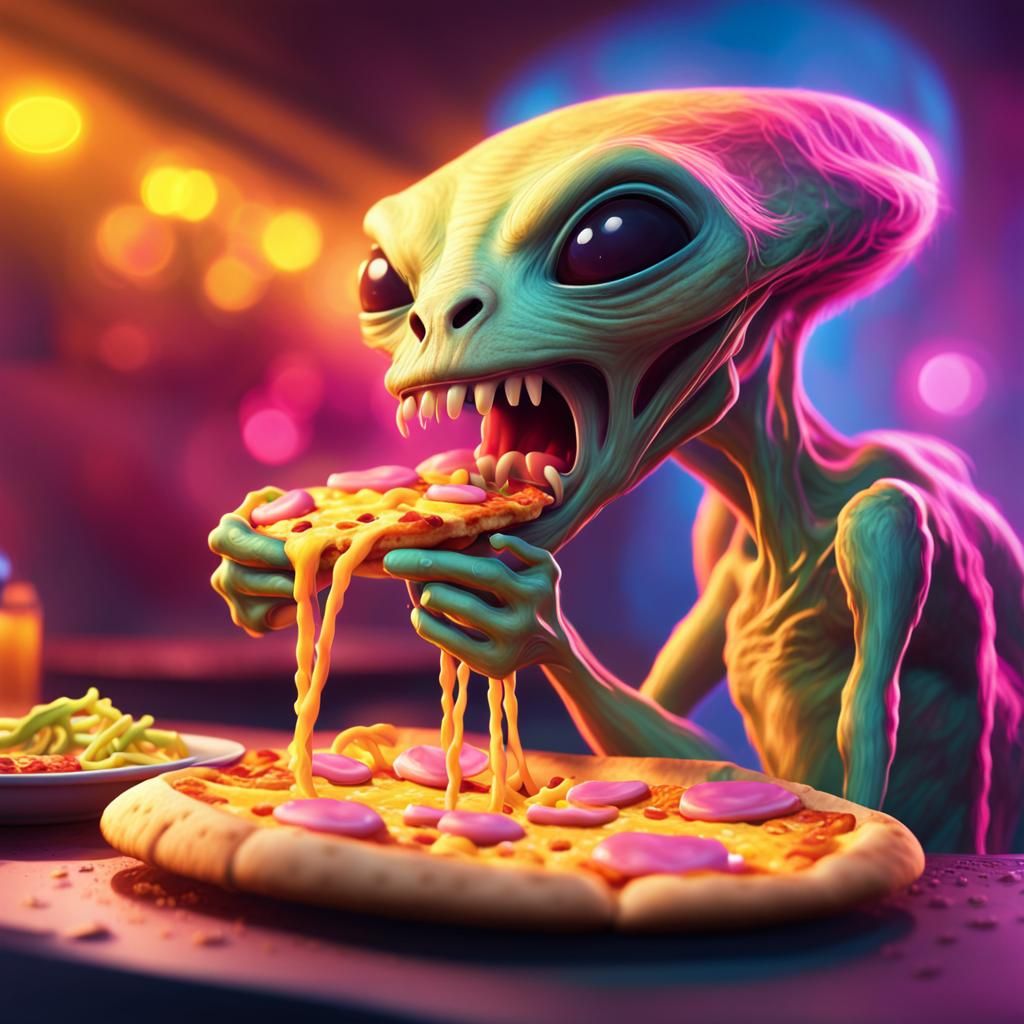 Alien Eats Pizza in Vibrant Dreamscape Illustration