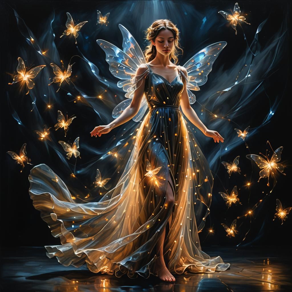 transparent glowing fairy in a long dress at night, intricately detailed, silhouettes, impasto, oil on canvas, hyperrealistic, 3d render
