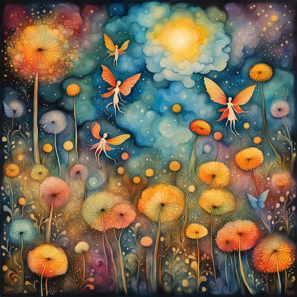 Visualize a surreal childlike landscape, dandelions, marigolds, clocks,hour glass.    Angel of Mercy  ,drawing inspiration from an early 2...