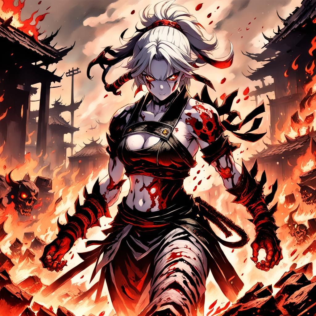 A Muscular, Bloody, Four Armed Female Asura in the midst of a deadly and extremely bloody battlefield, ...  by @Nevera