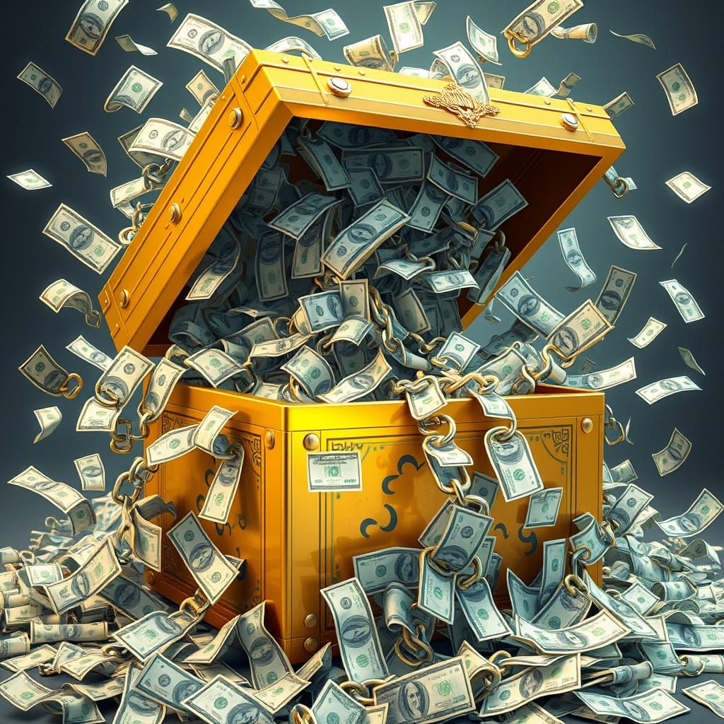 Gold Accented Box Overflows with Swirling Banknotes in Futur...