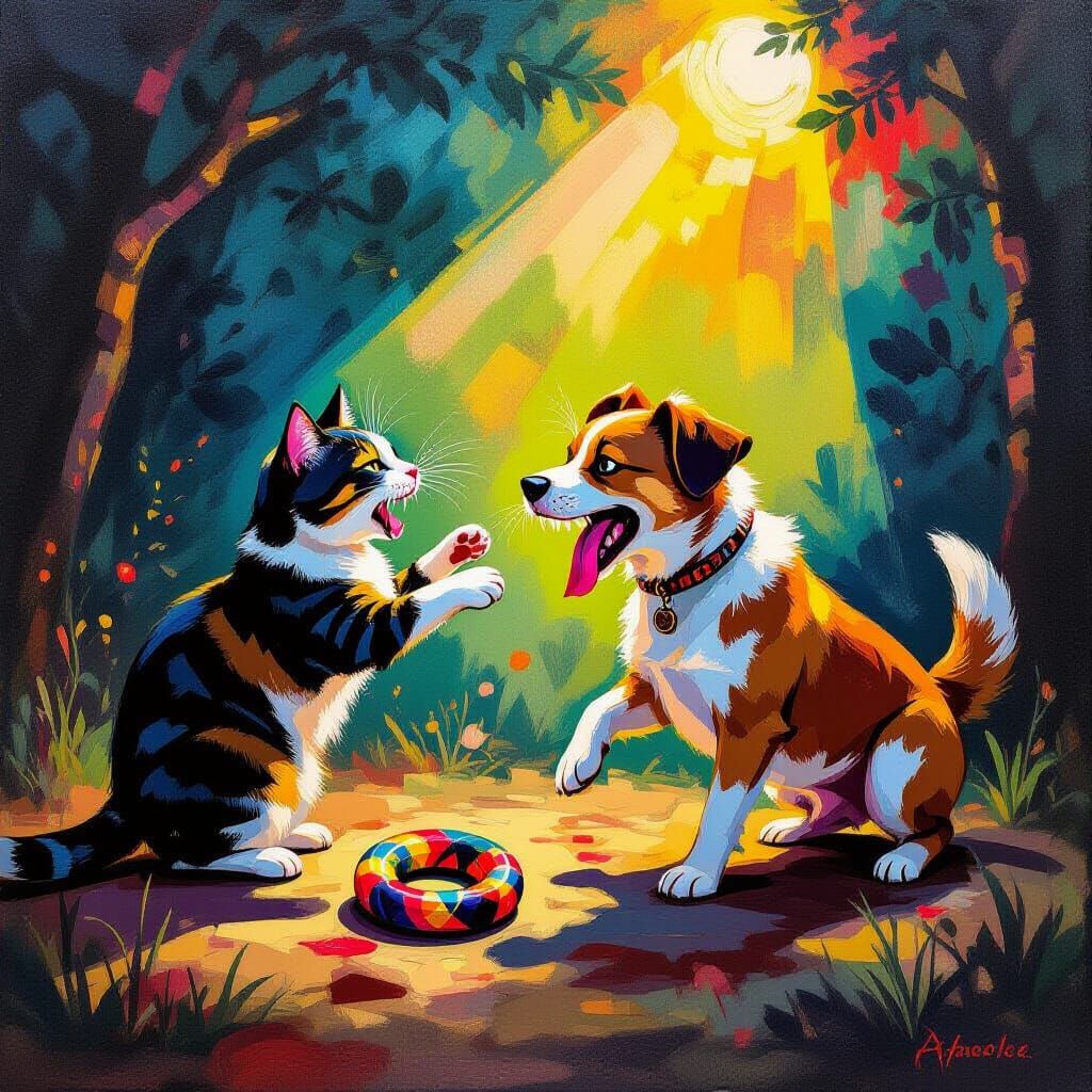 Cat and Dog Battle Serpent in Surreal Oil Painting