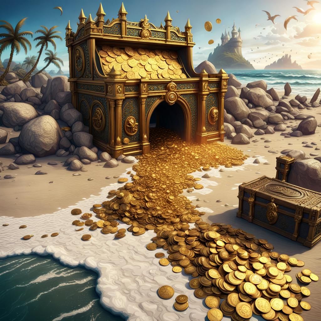 con cofre con monedas de oro que fueron arrastrada por la ma...