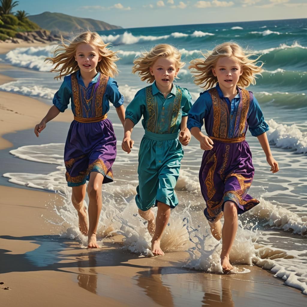 Blond Twins Running on Beach in Fantasy Art Style
