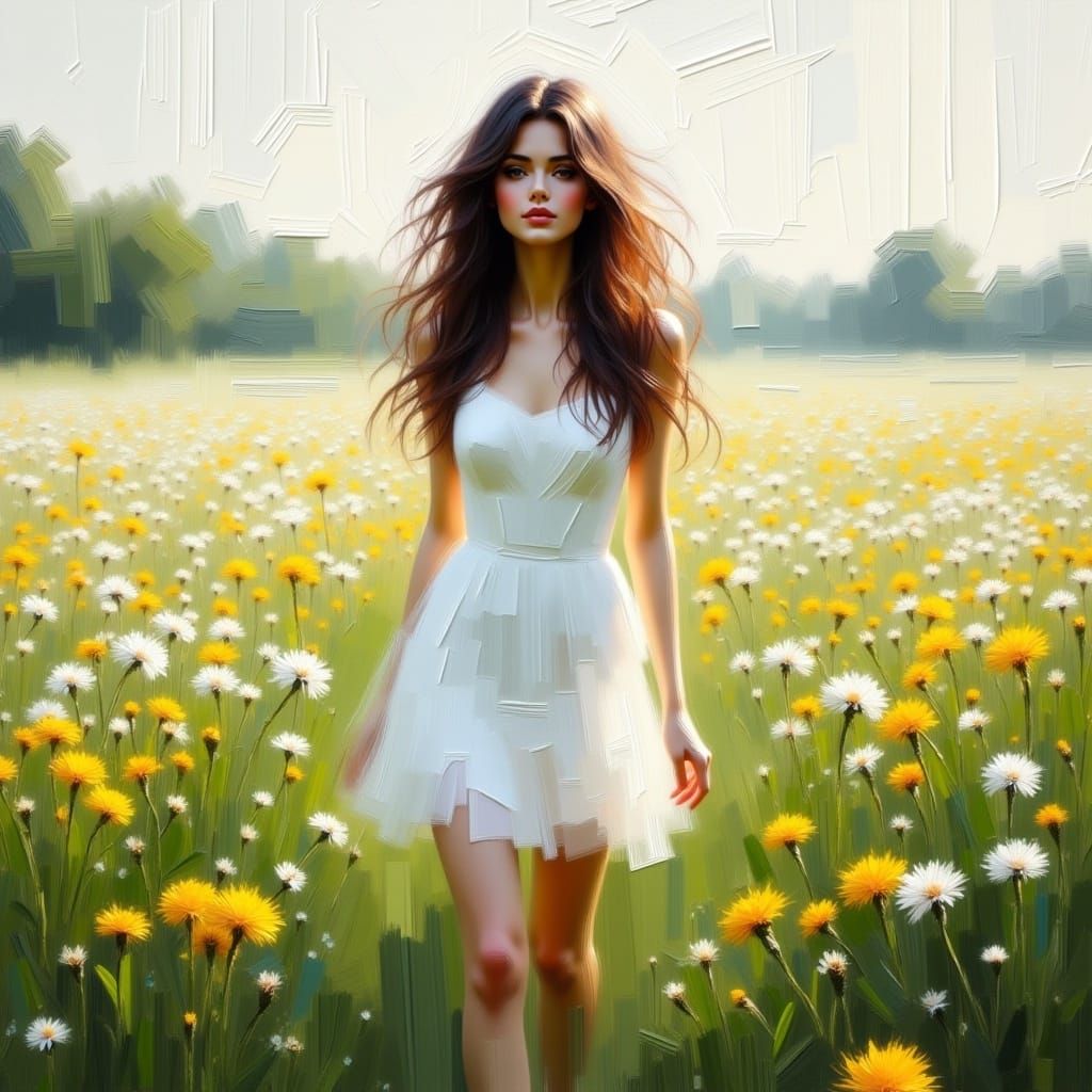 woman, white short dress, in a meadows, dandelions, brush strokes <lora:BeautyStrokesV2:1.0> 