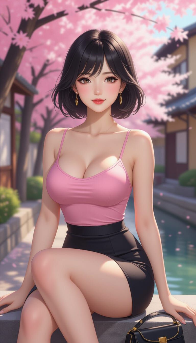 Realistic Anime Woman in Pink Camisole and Mini Skirt