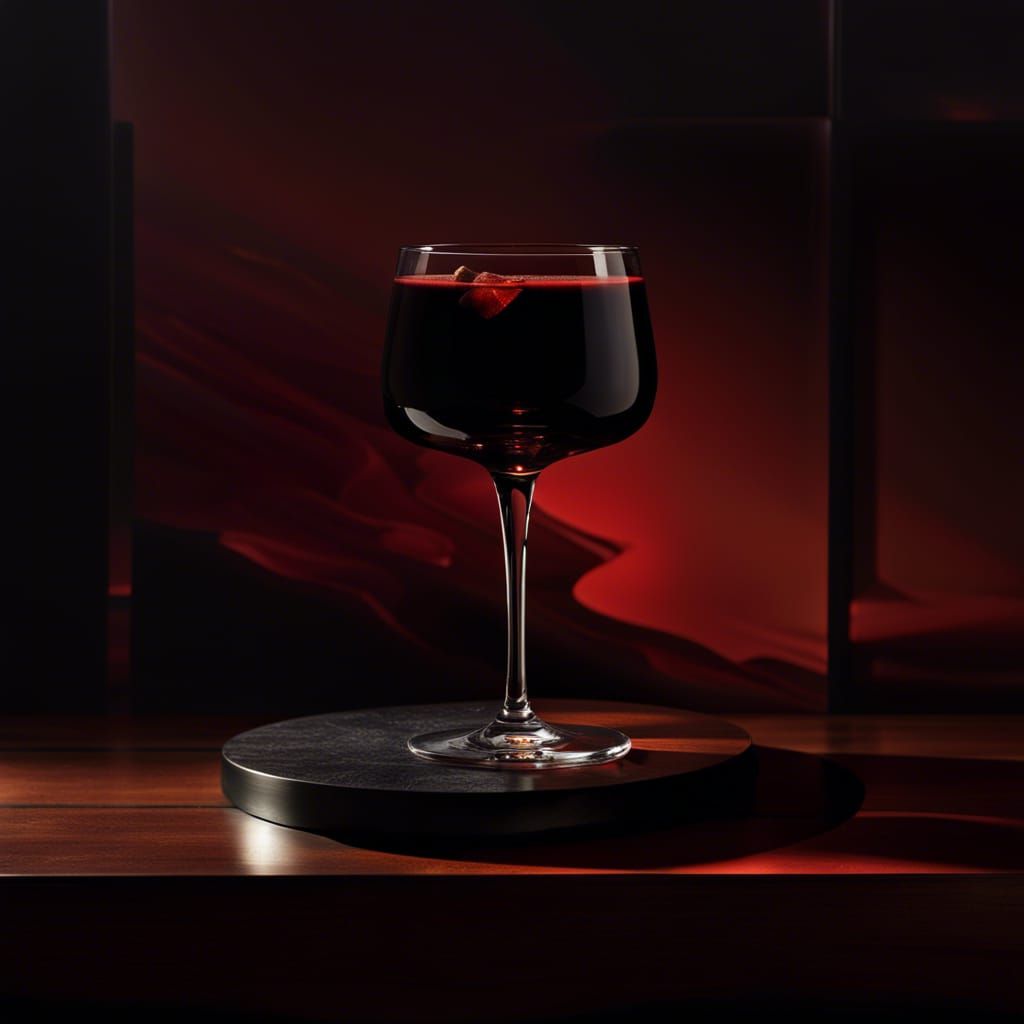 Imagine a deep red-orange blend cocktail, cradled within a d...