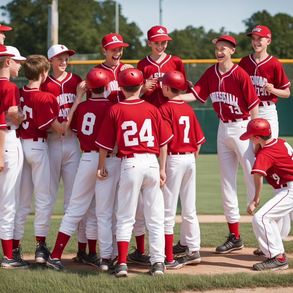 Boys baseball team winning championship red jerseys white pants AI