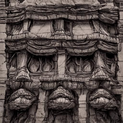 Intricate face carvings on a stone building. Pencil sketch