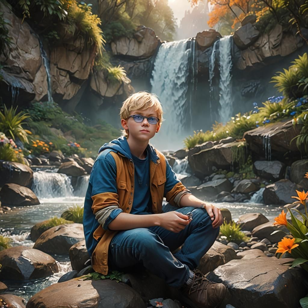 Blond Boy by Waterfall: Photorealistic Fantasy Concept Art