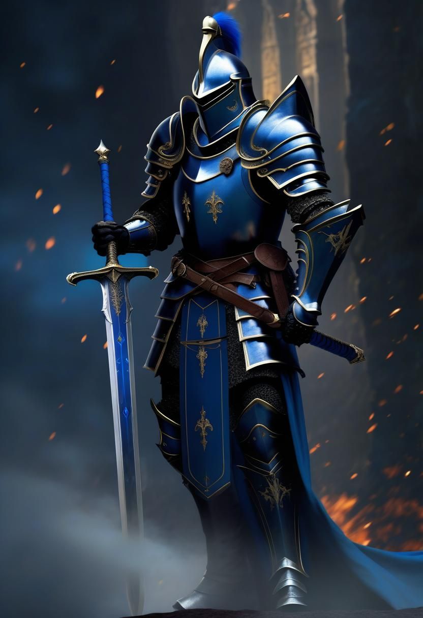 Full armor Knight with a black and blue robe whielding a lon...