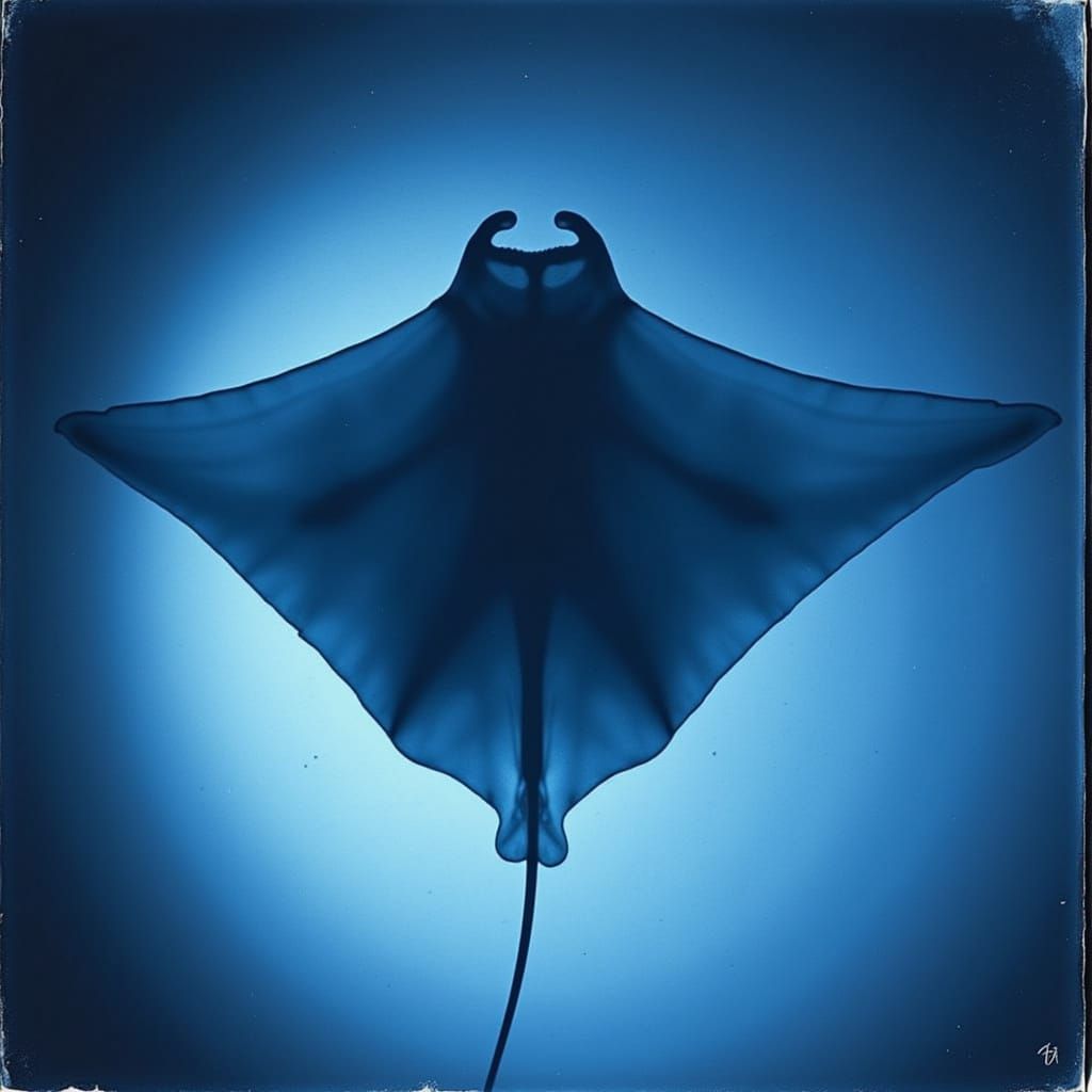 <lora:Cyanotopia:1.0> A rayogram shadow-image of a manta ray, temporarily removed from the water for the image. cyanotype.