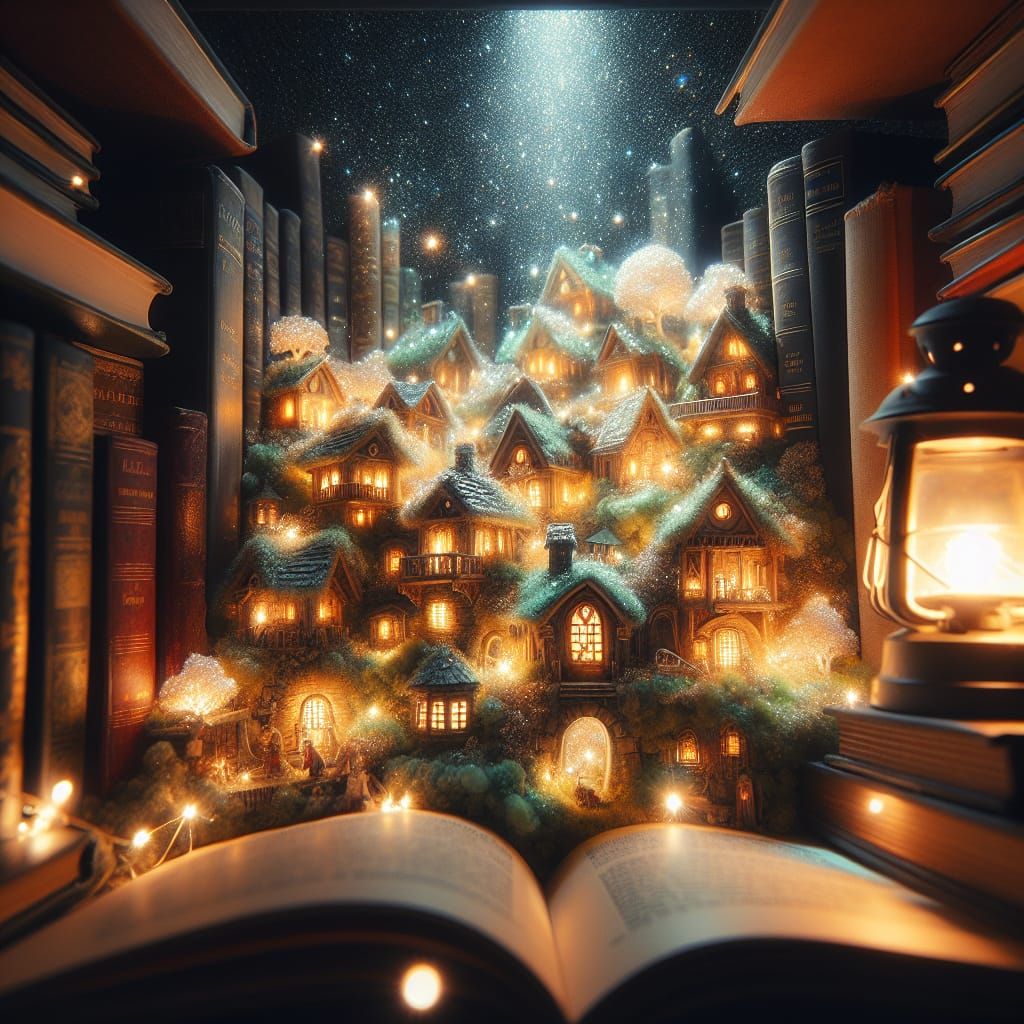 Fairies village in a bookshelf
