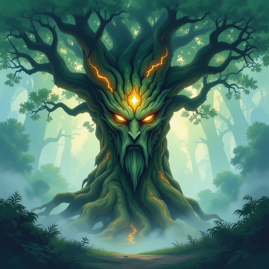 A colossal, ancient tree spirit, its bark etched with glowing runes, stands sentinel in a mist-shrouded primeval forest. Sunlight filters th...